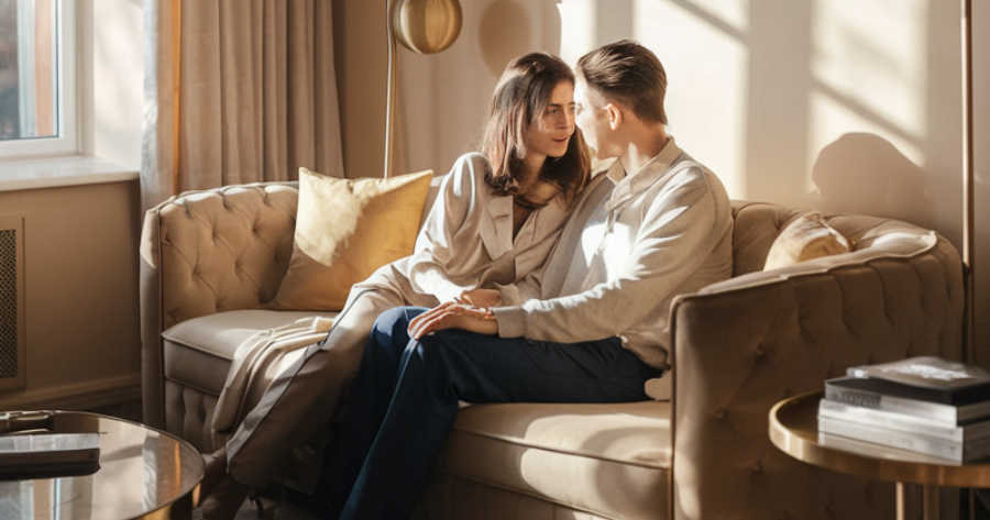 Casal brasileiro em silêncio no sofá